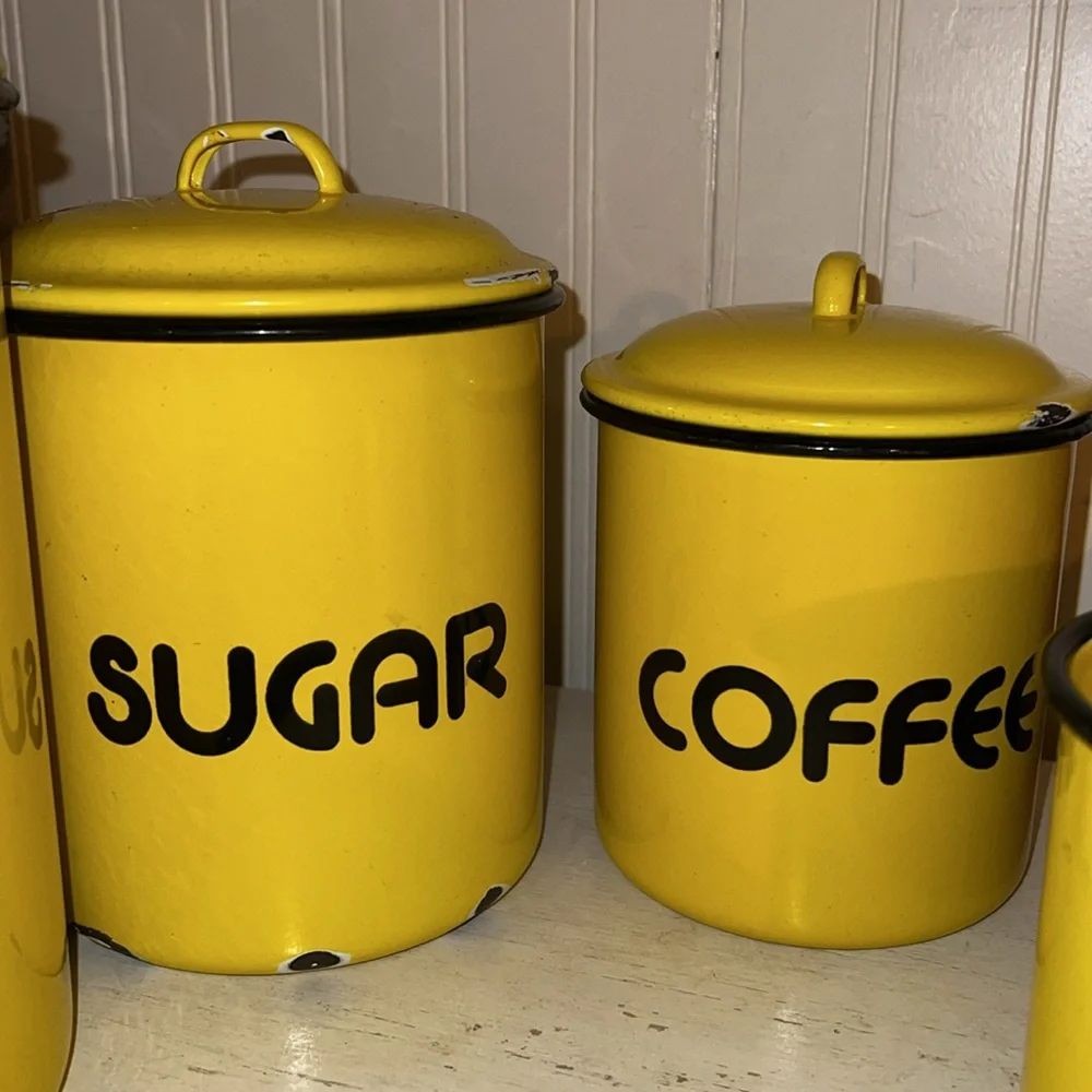 Vintage MCM Atomic yellow enamel ware kitchen canisters cookies coffee set